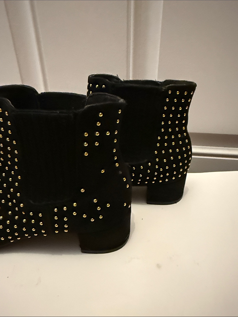 Shoe Dazzle Black Suede Ankle Boots with Gold Studs - Picture 3 of 5